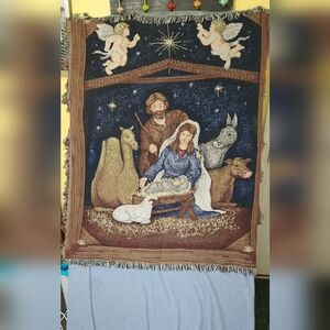 Nativity scene with charebs throw blanket